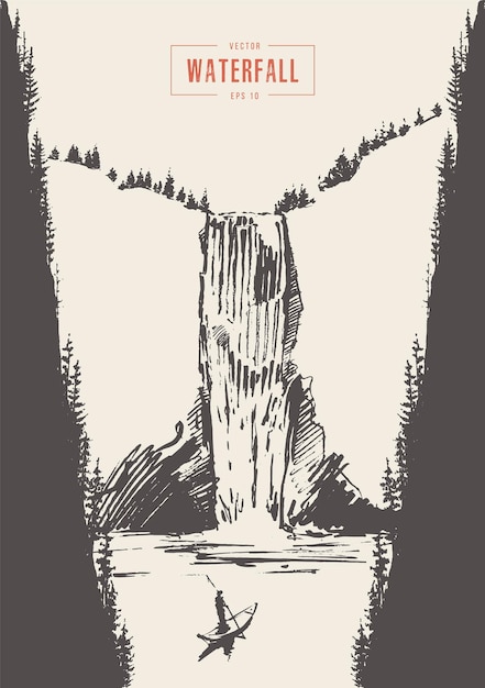 ベクトル 美しい滝、手描き、スケッチのヴィンテージのイラスト