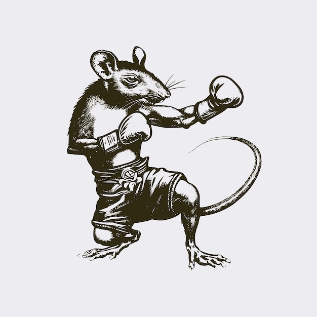 Vector vintage illustration of a rat doing muay thai an oldschool drawing of a martial art master mouse