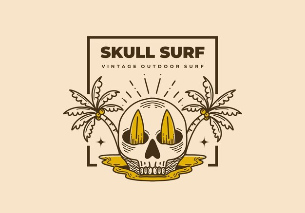 Винтажная иллюстрация черепа с двумя досками для серфинга и кокосовыми пальмами