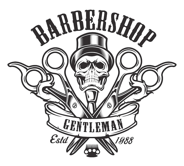 Vintage illustration on the theme of the barbershop with a skull on a white background. all elements and text are in a separate group.