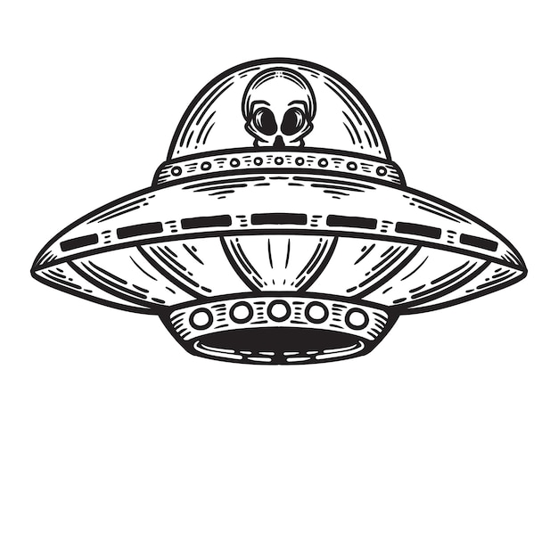 Vector vintage illustration ufo spaceship illustration on white background
