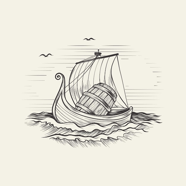 Premium Vector | Vintage illustration viking ship with beer barrel