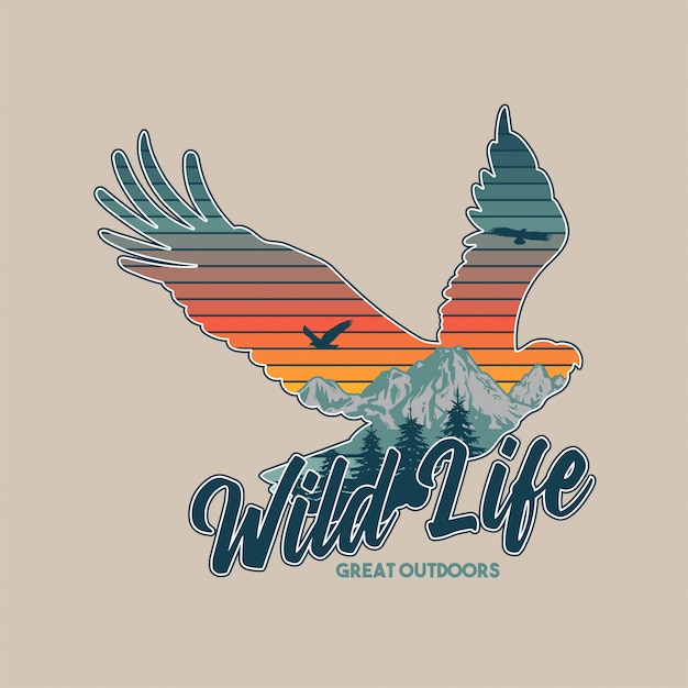 Vector vintage  illustration of wildlife animal. american eagle and great mountains inside the silhouette. travel, camping, outdoor, natural, wilderness, explore.