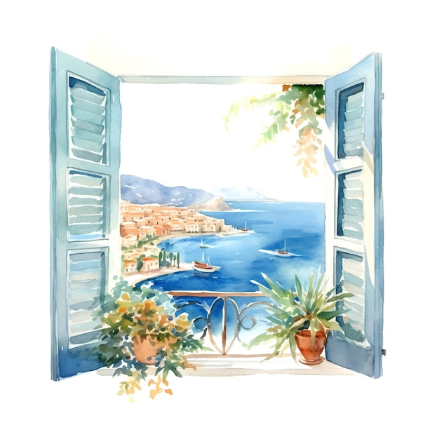 Vettore illustrazione vintage con finestra blu mare grecia acquerello