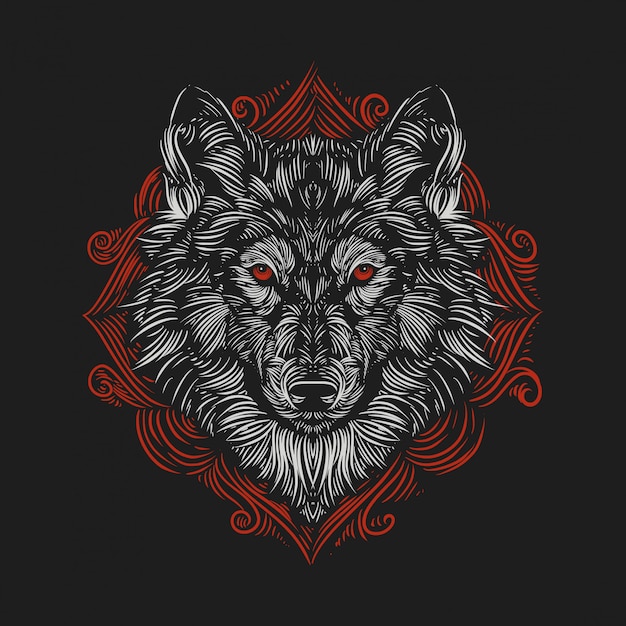 Vintage illustration wolf's head against the of a red ornament engraving style