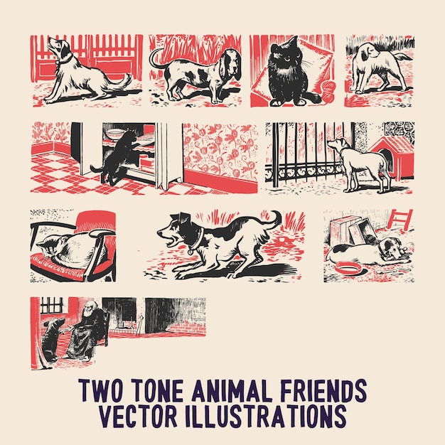 Vintage illustrations stamp prints of animals in two colors 6