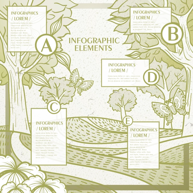 Modello di infografica vintage con motivo floreale e farfalle