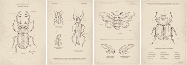 빈티지 곤충 포스터는 곤충과 나비 곤충의 미니멀리즘 창의성과 예술 구조를 설정합니다.