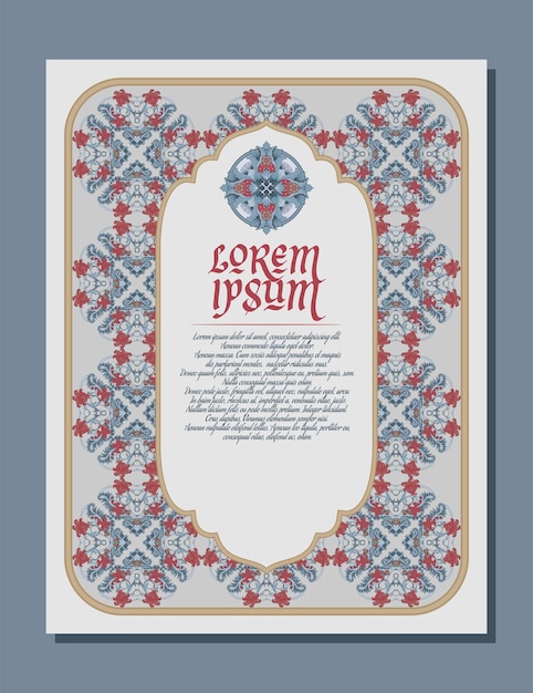 Vector vintage invitation card template with winter and christmas themed blue and red floral frame pattern