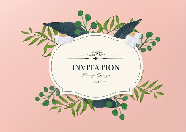 Vintage invitation design with hand drawn watercolor brush. Leaves and branch element.