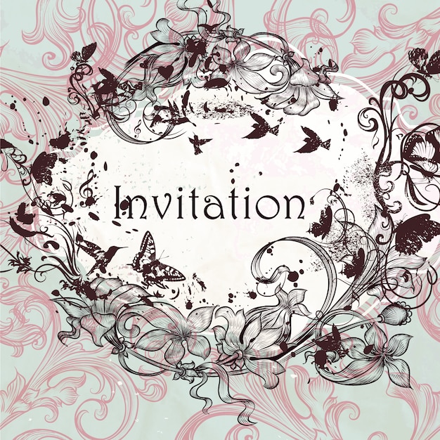 Vector vintage invitation with hand drawn floral ornaments