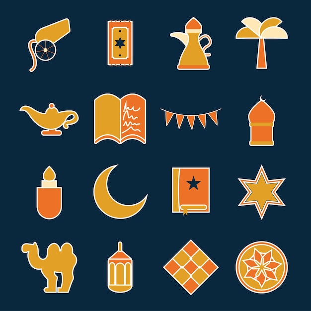 Vintage Islamic holiday icon and sticker set Eid or Ramadan mubarak elements vector illustration