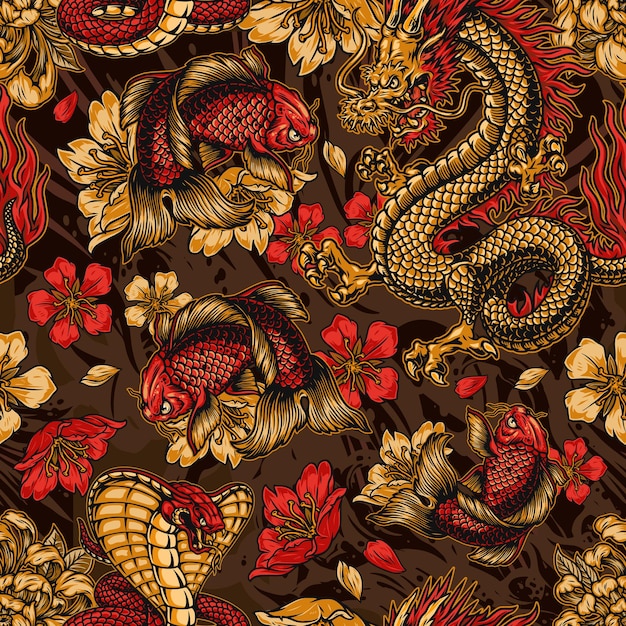 Vintage japanese elements seamless pattern with fantasy dragon snake koi carp sakura and chrysanthemum flowers