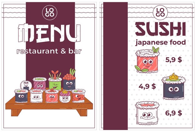 Vector vintage japanese food character sushi fast food menu for restaurant bar cartoon design mascot psychedelic smile funky vector illustration