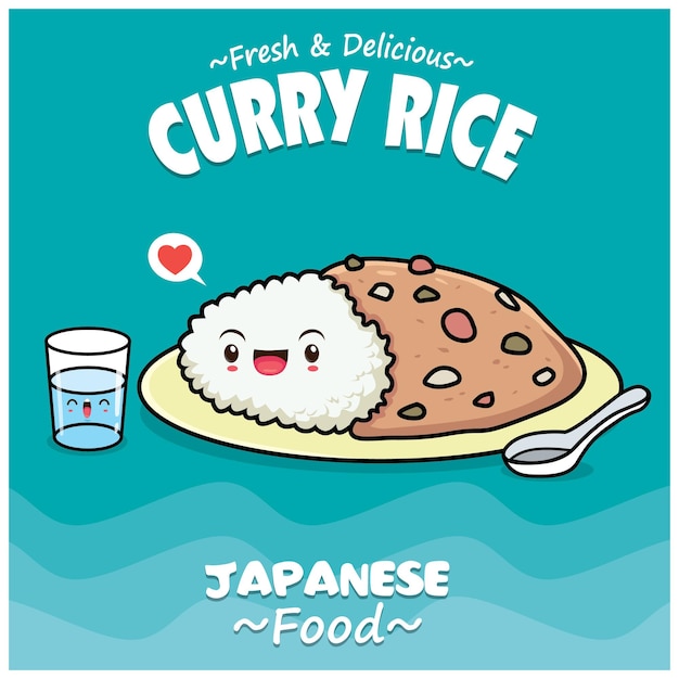 Vector vintage japanse food poster ontwerp met vector japanse curry rijst karakters