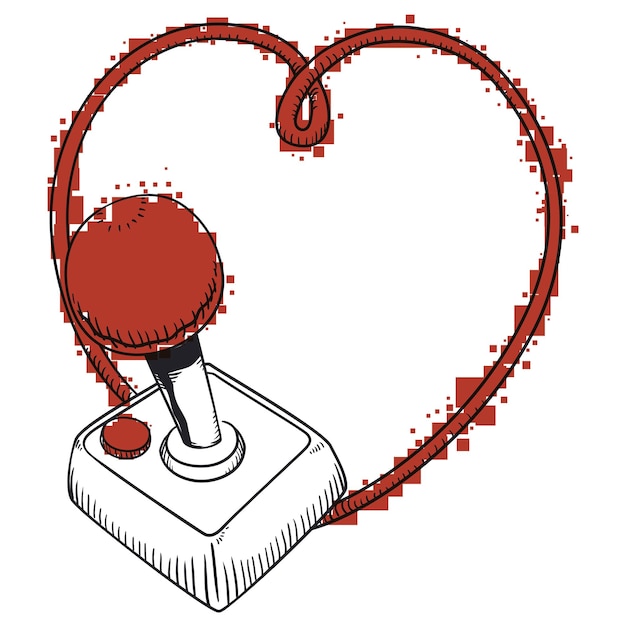 Vector vintage joystick controller with long cord forming a heart and colored with red pixels