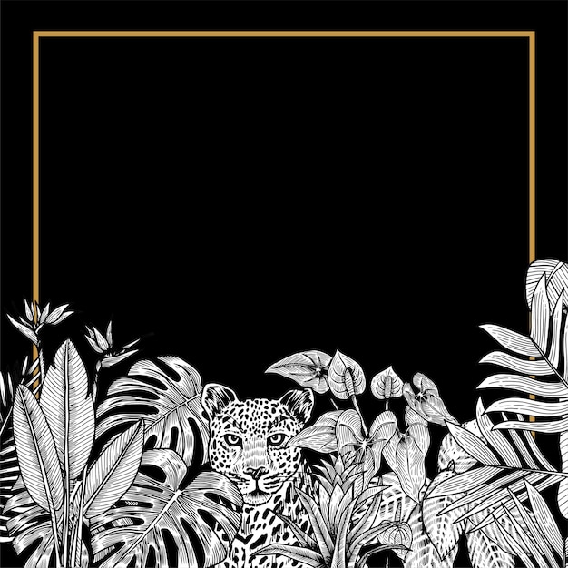 Vintage jungle invitation card with leopard and tropical plants. Black and white.