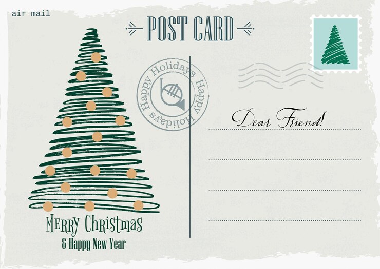 Vector vintage kerstmis en nieuwjaar uitnodiging briefkaart met hand getrokken kerstboom illustratie. kerst post. vector sjabloon
