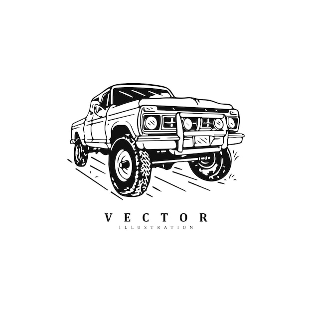 ヴィンテージ・ケッチ (Vintage Ketch) は手描きのピックアップ・トラック・カーのロゴデザインベクトル・アート・イラストレーションです