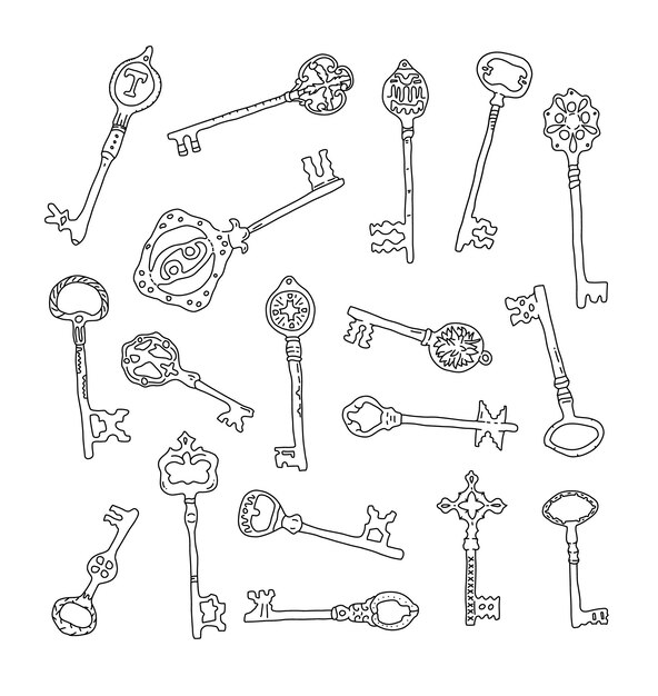 Vector vintage key doodle collection set of different hand drawn old keys