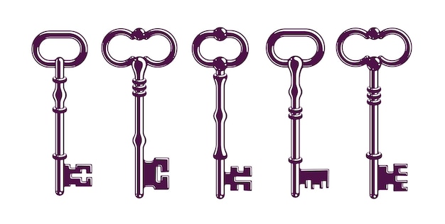 Vintage keys vector logos or icons set, beautiful antique turnkeys illustrations isolated.