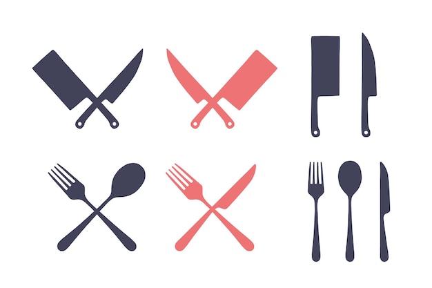 Винтажный кухонный гарнитур. Набор ножа для резки мяса, вилки, ложки, олдскульной графики