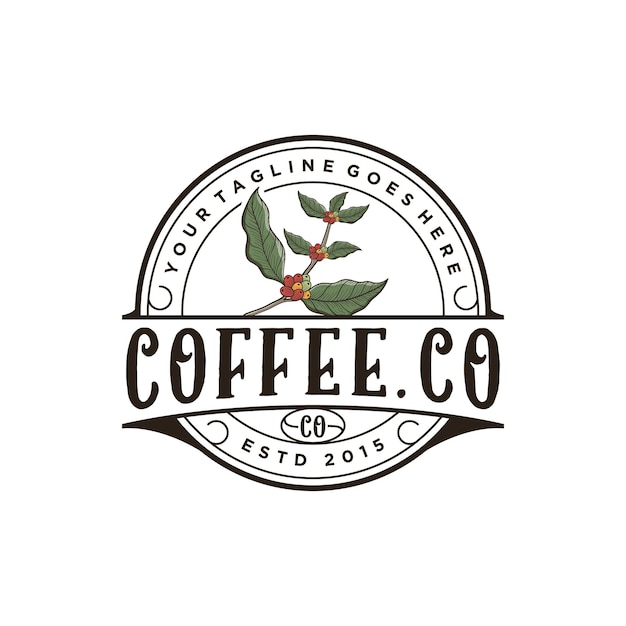 Vintage koffieboon logo met badge embleem koffie blad vector ontwerpsjabloon