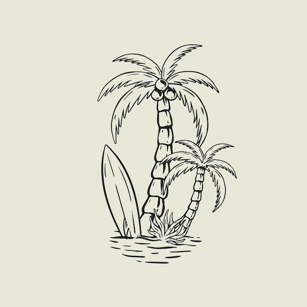 vintage kokospalmen en surfplank