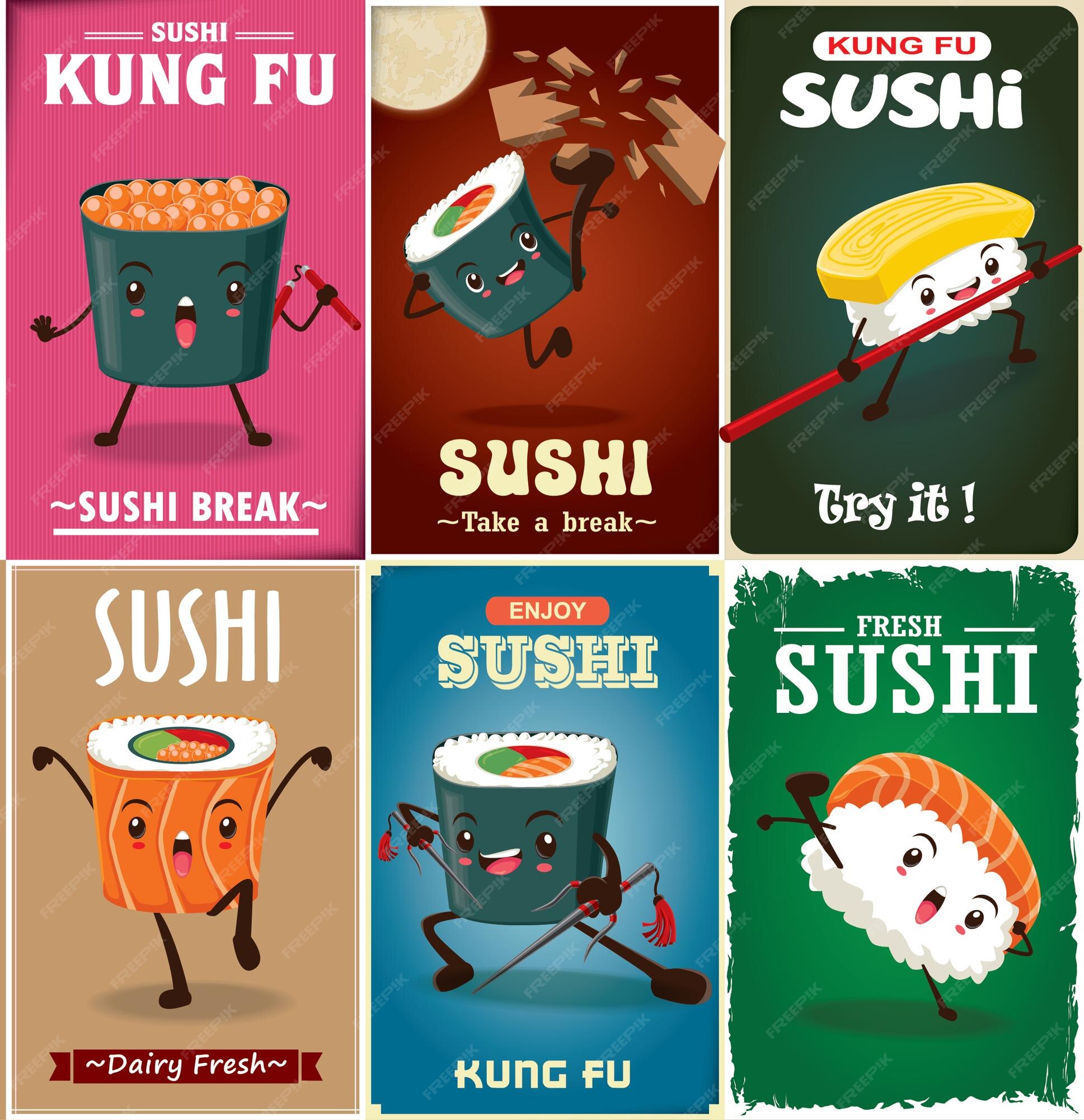 Vintage sushi poster design with vector sushi surfer. Chinese word means  sushi. Stock Vector