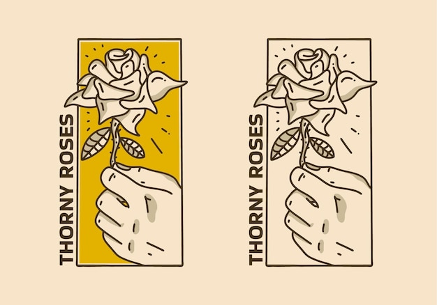 Vintage kunstillustratie van de hand die een roos vasthoudt