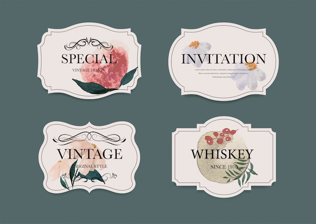 Vintage label badges ingesteld. luxe decoratie aquarel verf ontwerp. bloemenborstel hand getrokken stijl.