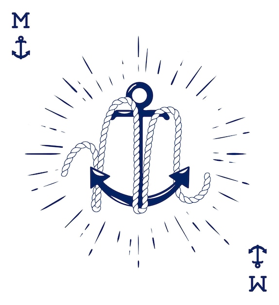 Vintage label met een anker en brief gemaakt van scheepstouw kleding tshirt of poster ontwerp logo monogram met speelkaarten stijl vectorillustratie