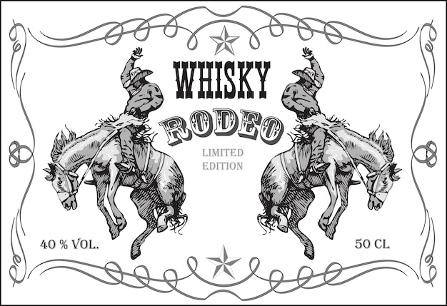 vintage label with a cowboy riding a wild horse for whiskey in art style