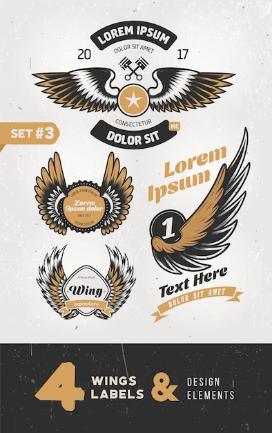 Vector vintage labels, badges, text and design elements with wings.