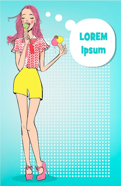 Vintage ladie with ice cream in pop art style