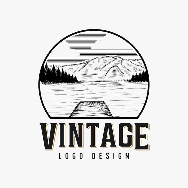 Vector vintage lake scenery logo design inspiration