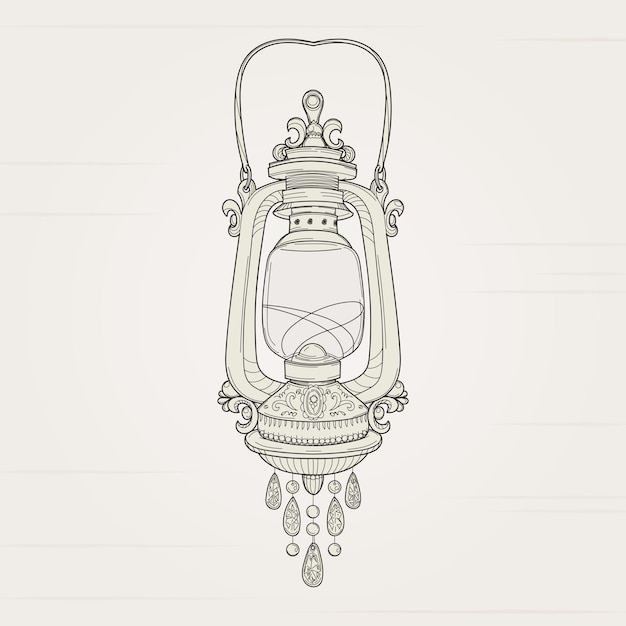 Vintage lamp flashlight lantern Classical drawing Decorated with engraving pendant made of precious stones Metal glass jewelry Hand drawing sketch outline Vector illustration