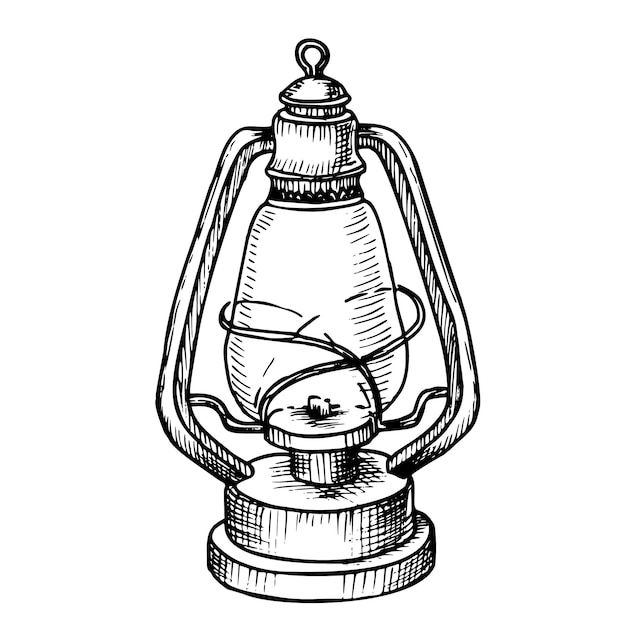 ヴィンテージ・ランターン 古いケロシン・ランプの手描きベクトルイラスト 黒いインクで描かれた レトロ・メタル・エッチ 旅行と冒険のためのレトロ・機器 アイコンやロゴのための古代の生<unk>したガラスの要素
