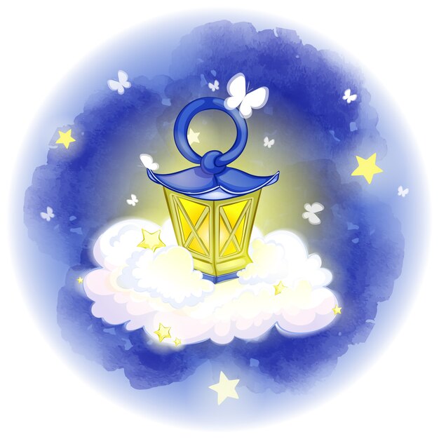 Vector a vintage lantern stands on a cloud, the night starry sky and white shining butterflies.