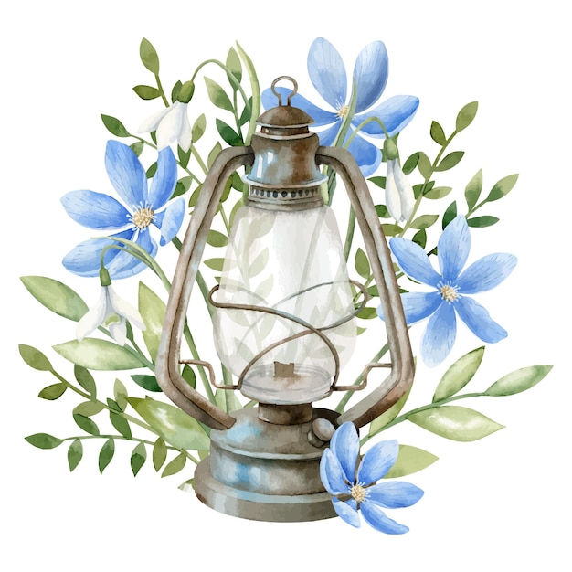 Lanterna vintage con fiori blu disegnata a mano acquerello illustrazione della lampada a cherosene arrugginita retrò e piante selvatiche su sfondo bianco isolato disegno per biglietti di auguri o inviti per il viaggio