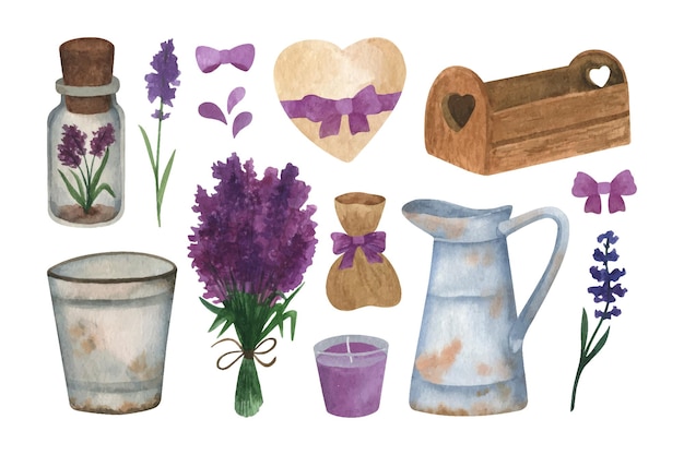 Vintage lavendel aquarel clipart met Provence boeket houten doos zak bogen emmer kruik