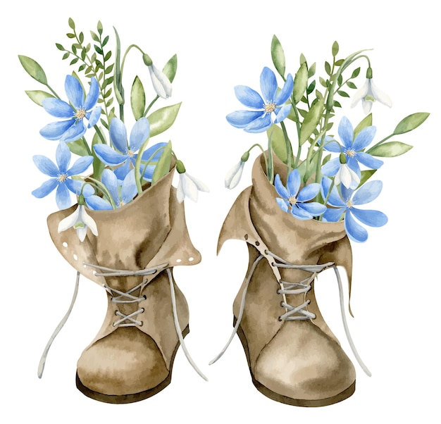 Vintage leathery Shoes with forest blue Flowers Hand drawn watercolor illustration of hiking footwear and wild daisy on white isolated background Drawing of retro equipment for travel and adventure