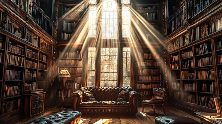 Vector vintage library with floating books