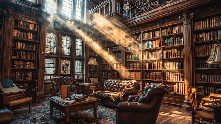 Vector vintage library with floating books