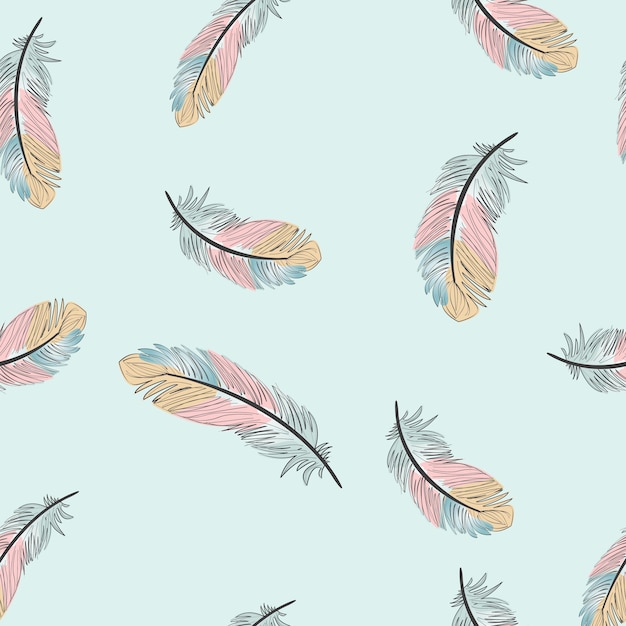 Vintage light blue and pink feather seamless pattern