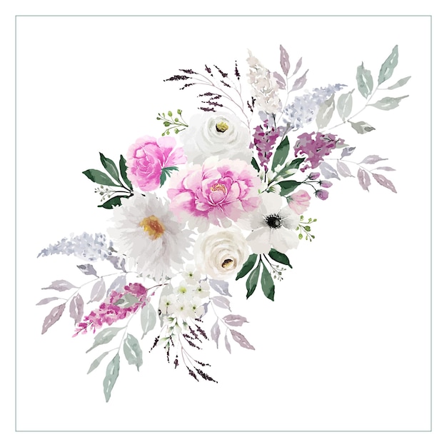 Vintage light pink and white flowers bouquet with green leaves