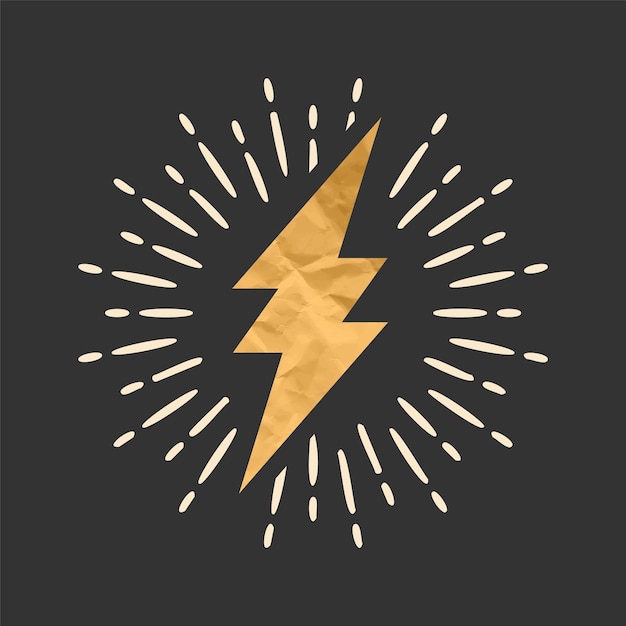 Vector vintage lightning bolt and sunrays lightnings with crumpled paper texture and sunburst effect