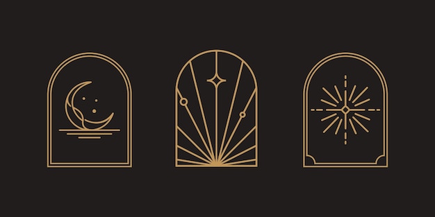 vintage line art of Bohemian golden logo art collection icons and symbols sun and moon arch icon