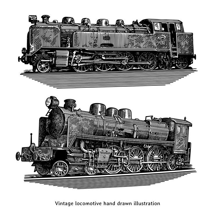 Vector vintage locomotive illustration locomotive hand drawn illustration in vintage engraving style