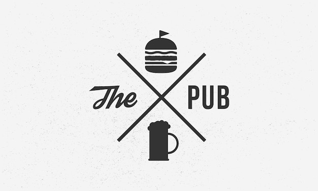 Design del logo vintage per l'etichetta pub bar con sagome di birra e hamburger